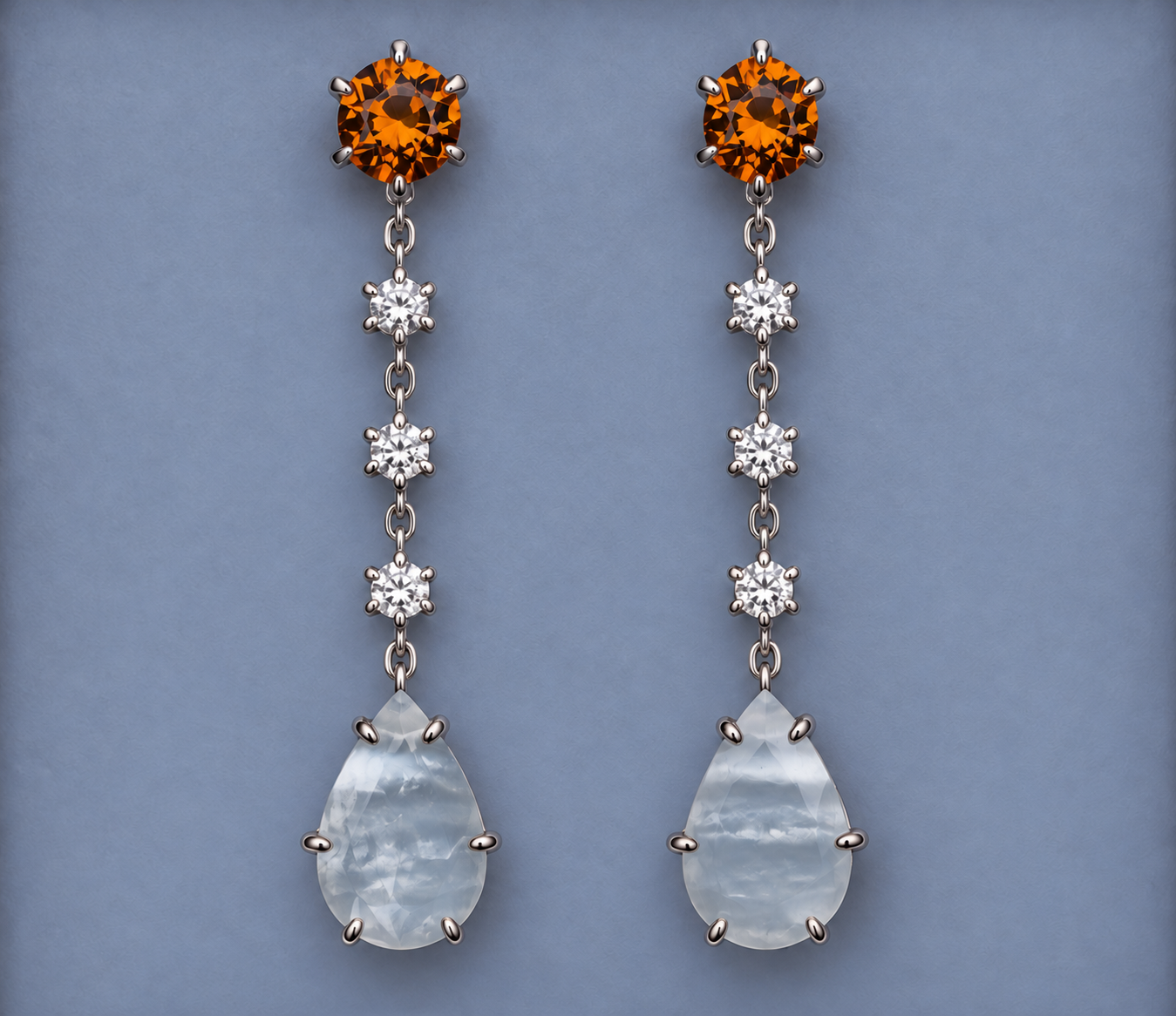 Boucles d'oreilles avec pendants amovibles : Paire de grenats du Mali 1,64cts, diamants naturels et nacres. Monté sur or blanc 18k. Photo : Robin Fesquet